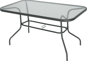 Outsunny Téglalap alakú Kültéri Kerti Asztal Ívelt Fém Élekkel és Napernyő Nyílással Edzett Üveg 70kg Teherbírás 140x80x70 cm Sötétszürke | Aosom