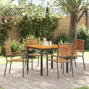 5 darabos kerti étkező szett szürke poli rattan akáccal, összecsukható kerti székek párnákkal 2 db szürke poli rattan, kerti asztal 90x90x75 cm szilárd akácfából és fémből