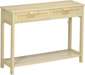 HOMCOM Konzol Asztal Előszoba Asztal 2 Fiókkal Rattan Felülettel és Alsó Polccal Előszobába, Nappaliba vagy Hálószobába Rusztikus Stílusban 100x30x76