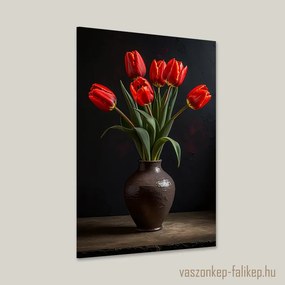 Piros tulipán csokor rusztikus vázában – természetes elegancia 40x60cm