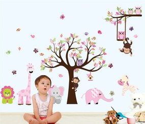 Vidám Fal Matrica Rózsaszín fa hintával és állatkerti állatokkal