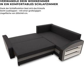 Grande sarokkanapé polcokkal , polc a jobb karfaban, jobboldali, szövet anyag, hab töltet, fekete - szürke
