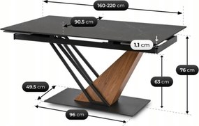 Kihúzható kerámia étkezőasztal 160–220 cm méretben, fekete márvány/dió színben REX