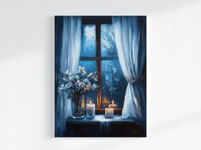 Vászonkép Canvas Ablak Este Éjszaka Gyertyák Virágok Hangulat Kilátás 60x80
