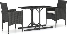 vidaXL 3 részes fekete polyrattan és edzett üveg kerti étkezőszett
