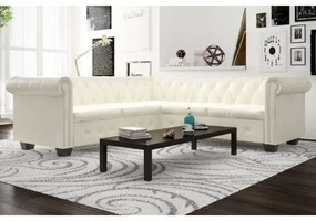 5 személyes fehér műbőr Chesterfield sarokkanapé