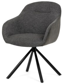 Scaun de sufragerie pivotant, țesătură gri și țesătură gri închis, cu decor vintage din piele, metal negru, mecanism de retragere rotativ P90°+ L90°.