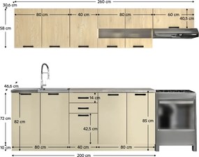 Konyhabútor, 2,6 m, cremona tölgy/kasmír/Navona krémszín, MONIA