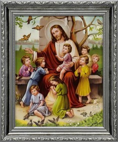 Vászonkép 31x26 Jézus Krisztus A Gyermekekkel Ezüst Díszített Keret