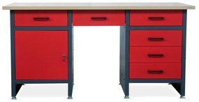 Fiókos műhelyasztal FRANK, 1700 x 850 x 600 mm, antracit-vörös