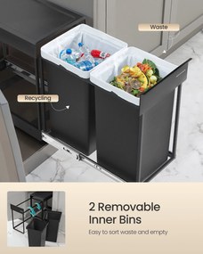 Beépíthető konyhai szemetes szelektív hulladékgyűjtéshez, 2 x 15 L dupla rekeszes, fekete