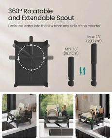 Edényszárító állvány, 360°-ban forgatható és kihúzható lefolyóval, fekete