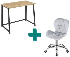Dolgozószobai szett – összecsukható íróasztal ZARIMO 80×40 cm sonoma tölgy + irodai szék AVOLA VELVET világosszürke