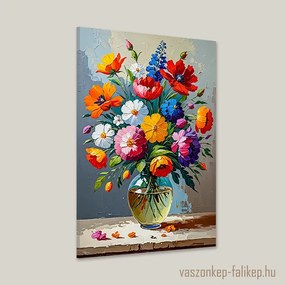 Színes virágcsokor üveg vázában – prémium falikép otthonra 40x60cm
