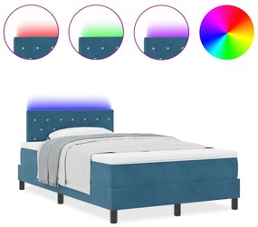 Box Spring ágy matraccal és LED világítással, Sötétkék, 120x190 cm, bársony
