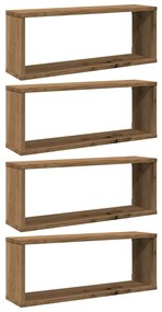 4 db kézműves tölgy színű szerelt fa fali kockapolc 60x15x23 cm