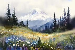 Fotótapéta Flizelina Tájkép Hegyek Erdő Rét Csarnok Virágok Tavasz 208x146 ragasztó