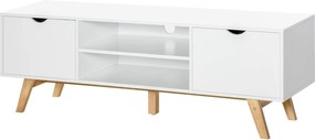 HOMCOM Modern TV Állvány 65 Hüvelykes Televíziókhoz, Nappali TV Asztal 2 Ajtóval, 2 Nyitott Polccal és Fa Lábakkal, 150x39x50 cm, Fehér | Aosom