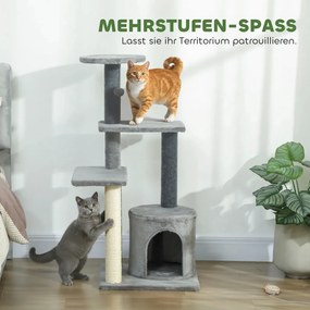 Macska kaparófa 103 cm macskabarlanggal, platformokkal, szizál kaparófákkal, szürke