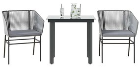 vidaXL 3 részes szürke polyrattan üveg kerti étkezőgarnitúra párnával