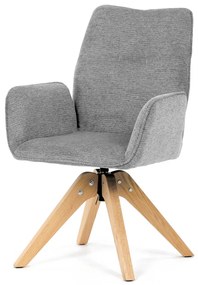 Scaun de sufragerie cu cotiere, din material hidrofug gri deschis, cu picioare de stejar, rotativ 360°