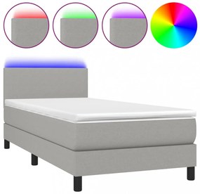 világosszürke szövet rugós és LED-es ágy matraccal 90x190 cm