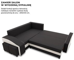 Grande sarokkanapé polcokkal és puffokkal , polc a jobb karfaban puffok a bal karfaban, baloldali, szövet anyag, hab töltet, fekete - fehér