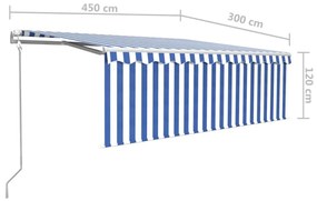 kék és fehér redőnyös, szélérzékelős, LED-es napellenző 4,5x3 m
