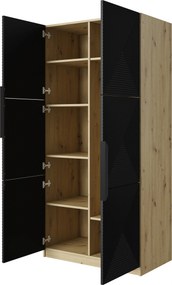 Asha ruhásszekrény, bordázott előlappal és fém fogantyúkkal, 100 cm - artisan tölgy / matt fekete / fekete fogantyúk