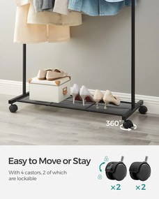 Fém ruhatartó kerekekkel, tárolópolccal, fekete