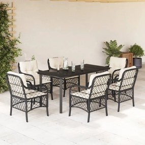 7 részes fekete polyrattan kerti étkezőgarnitúra párnával