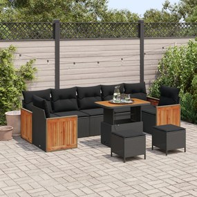 10 részes kerti kanapészett párnákkal, fekete poli rattan akácfából, 3 részes kerti étkezőszett párnákkal, fekete poli rattan akácfából