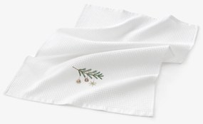 Goldea karácsonyi hímzett waffle konyharuha - gömbök az ágon fehér háttéren 50 x 70 cm