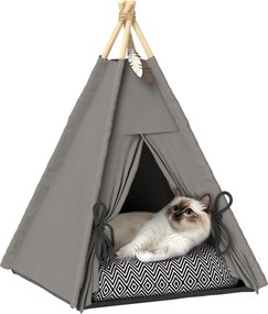 PawHut Tipee sátor kisállatoknak, macska sátor levehető és mosható párnával, macska ház csúszásmentes aljúval, játék labdával, 5 kg alatti macskáknak,