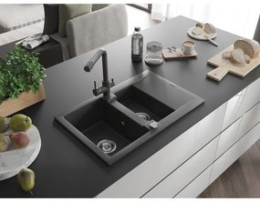 Mexen Gaspar, gránit mosogató 737x475x177 mm, 1,5 kamrás, fekete foltos csaptelep Duero, fekete foltos, 6507-76-671600-76
