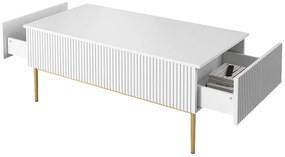 Nicole dohányzóasztal 120 cm fiókokkal és fém lábakkal - matt fehér / arany lábakkal