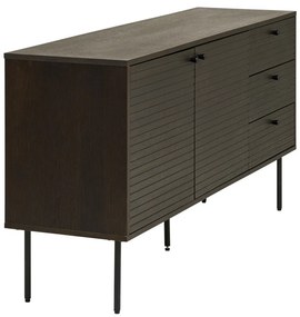 Kyoto komód 3 fiókkal, 2 ajtóval, tölgyfa furnér, füstölt, fekete fém lábakkal, 150x40x74 cm
