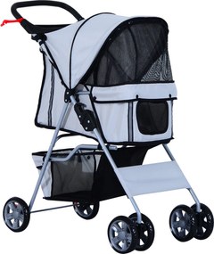 PawHut Kutyakocsi, Összecsukható Kutyakocsik Kisméretű és Miniatűr Kutyák Számára, Macskakocsi Tárolókosárral, Pohártartóval, Hálós Ablakokkal, Ezüst