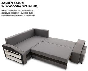 Grande sarokkanapé polcokkal és puffokkal , polc a bal karfaban puffok a jobb karfaban, baloldali, szövet anyag, bonell töltet, szürke - fekete