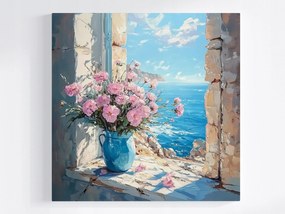 Vászonkép Canvas Olaj Ablak Kilátás Tenger Dél Virágok Váza 40x40