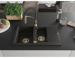 Mexen Gaspar, 1,5-kamrás gránit mosogató 737x475x177 mm és Aster mosogató csaptelep, fekete-arany metál, 6507-75-73450-57-G