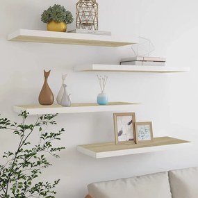 4 db tölgyszínű és fehér MDF lebegő fali polc 80x23,5x3,8 cm