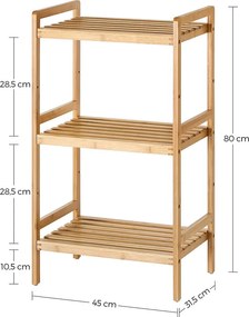 3 polcos bambusz tárolóállvány, állópolc 3 polccal, natúr