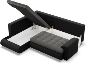 Tokio sarokkanapé, L alakú háttámlával, 2 ágyneműtartóval, bársony + műbőr, baloldali, szürke - fekete