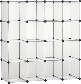 HOMCOM DIY moduláris polcrendszer 16 kockával, rakásolható DIY kockaszekrény, tárolószekrény, álló polc, cipőpolc műanyag acélból, Fehér, 125 x 32 x 1