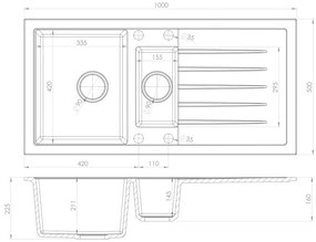 Sapho - Konyhai mosogató 100x50 cm gránit/fehér