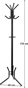 Álló fogas 12 kampóval, stílusos fém kabáttartó állvány 176 cm, fekete