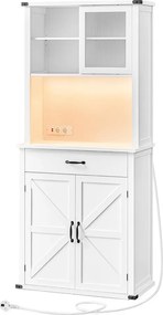 Vasagle LED-es Konyhai Tálalószekrény Ajtókkal és Fiókkal, Vidéki Stílus, Felhőfehér, LIRY