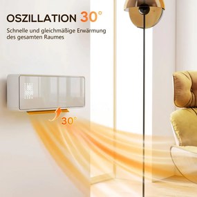 HOMCOM fali kerámia elektromos fűtőtest, ventilátor, termosztát, időzítő, üvegpanel, fehér