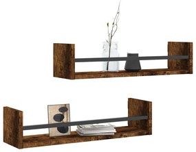 2 db füstös tölgy színű fali polc rúddal 60 x 16 x 14 cm